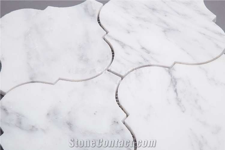 Waterjet Arabesque Design Carrara White Marble Backsplash Mosaic , Carrara White Lantern Shaped Mosaic Tile