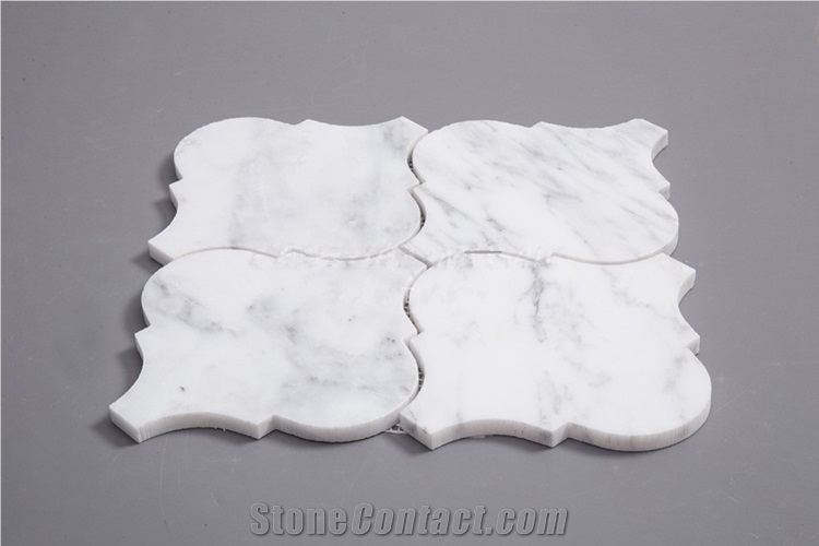 Waterjet Arabesque Design Carrara White Marble Backsplash Mosaic , Carrara White Lantern Shaped Mosaic Tile