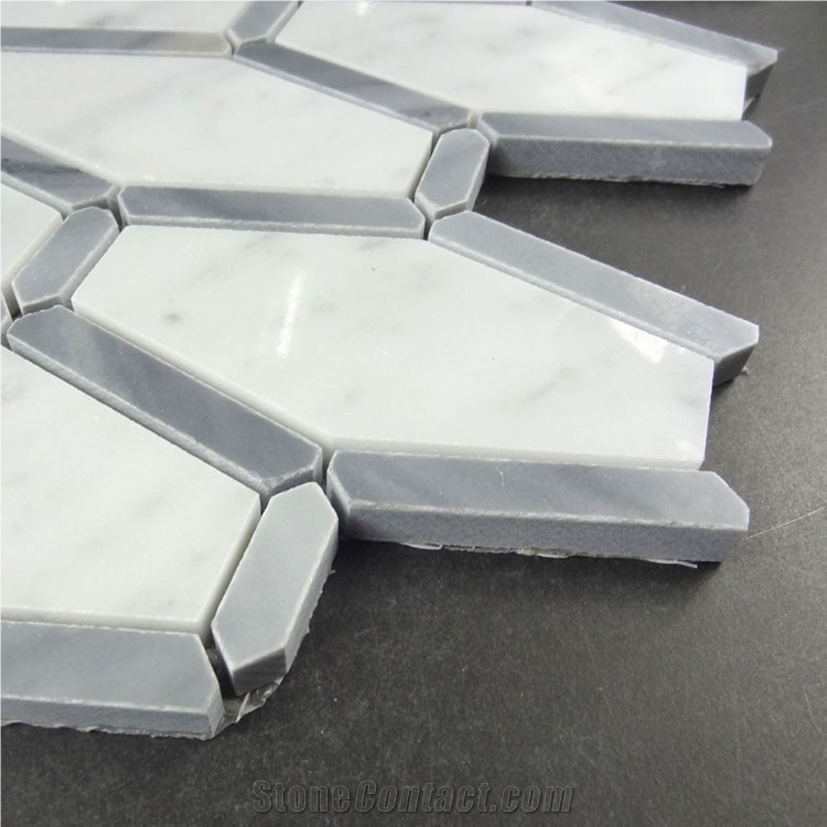 White and Grey Marble Polished Hexagon Mosaic Wall Tile, Bardiglio Grey Carrara White Hexagon Mosaic , Italy Grey and White Marble