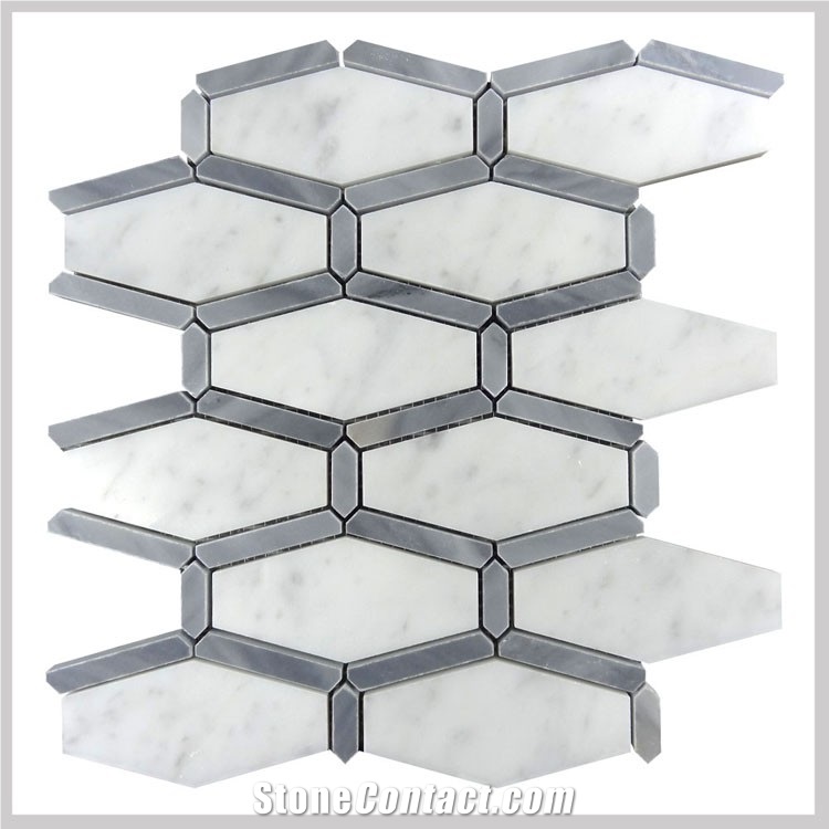 White and Grey Marble Polished Hexagon Mosaic Wall Tile, Bardiglio Grey Carrara White Hexagon Mosaic , Italy Grey and White Marble