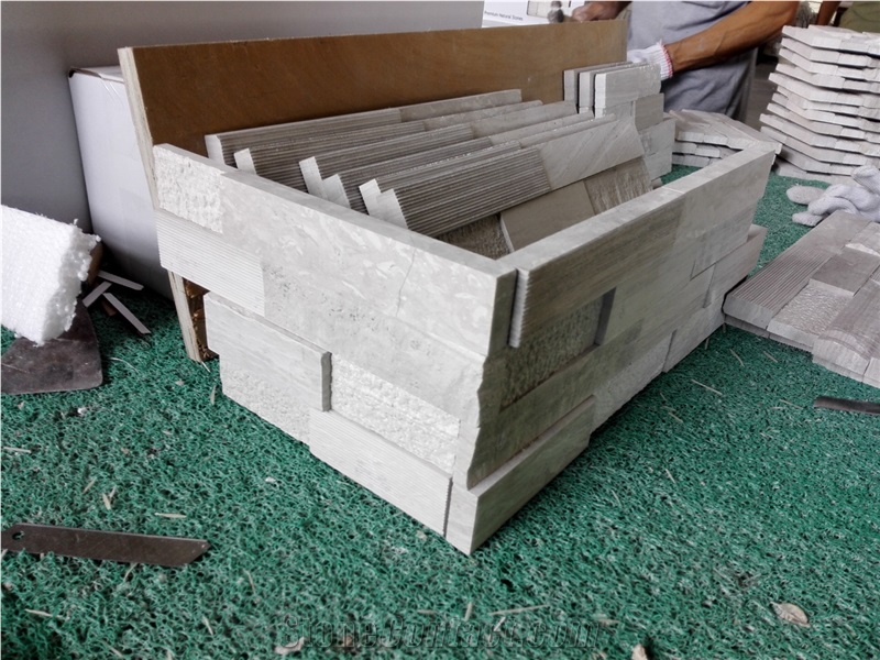 White Oak,China White Wooden Vein Marble Split, Grooved and Acid Washing Z Shape Ledge Stone Panel,Stone Veneer Panel,Culture Stone,Wall Cladding, Exposed Wall Stone
