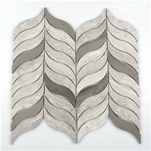 Wood Grain Leaf Shape Marble Mosaic Tiles , White Oak Silver Cream Floor Wall Mosaic,White Oak, White Wood Vein, Athen Grey Marble, Grey Wood Vein Marble