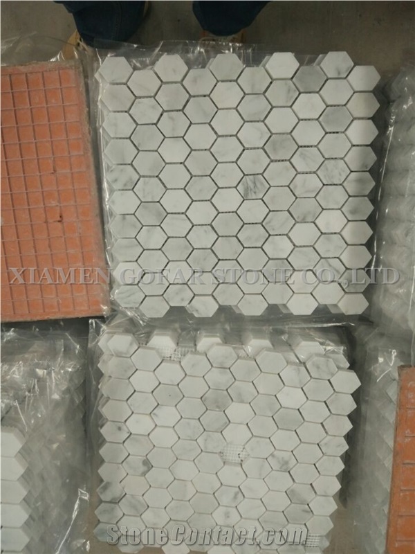 Imported Bianco Carrara White Marble Polished Hexagon Mosaic for Bathroom Floor Covering,Kitchen Backsplash,Interior Mosaic Pattern Tile