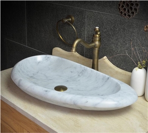 Bianco Carrara White Marble Vessel and Oval Basin, Handmade Sink,Natural Stone Basin, Kitchen Sinks, Bathroom Sinks, Wash Bowls,China Hand Made Bathroom Washing Basin,Counter Top and Vanity Top Sink