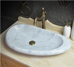 Bianco Carrara White Marble Vessel and Oval Basin, Handmade Sink,Natural Stone Basin, Kitchen Sinks, Bathroom Sinks, Wash Bowls,China Hand Made Bathroom Washing Basin,Counter Top and Vanity Top Sink