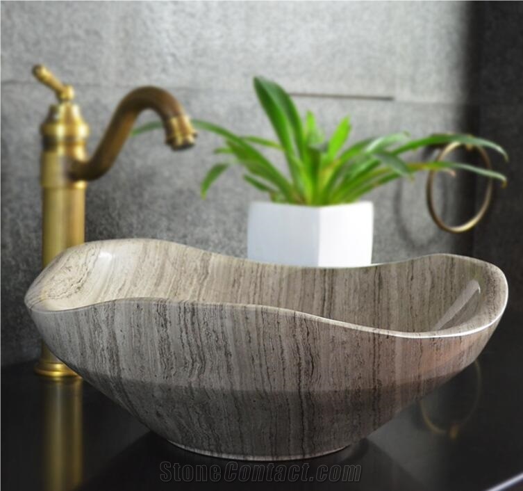 Grey Wood Marble Stone Sink,Natural Stone Basin, Kitchen Sinks, Bathroom Sinks, Wash Bowls,China Hand Made Bathroom Washing Basin,Counter Top and Vanity Top Sink, Own Factory with Ce