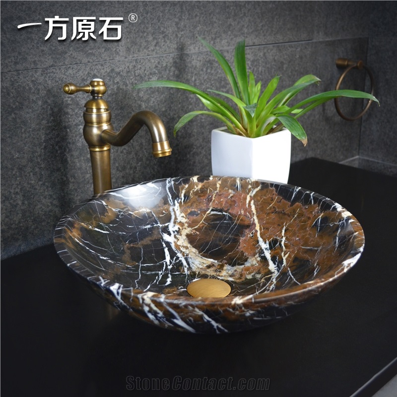 King Gold Marble Brown and Black Color Round Basin,Natural Stone Basin, Kitchen Sinks, Bathroom Sinks, Wash Bowls,China Hand Made Bathroom Washing Basin,Counter Top and Vanity Top Sink, Own Factory Wi