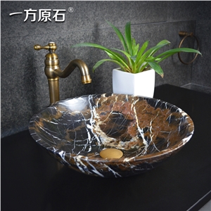 King Gold Marble Brown and Black Color Round Basin,Natural Stone Basin, Kitchen Sinks, Bathroom Sinks, Wash Bowls,China Hand Made Bathroom Washing Basin,Counter Top and Vanity Top Sink, Own Factory Wi