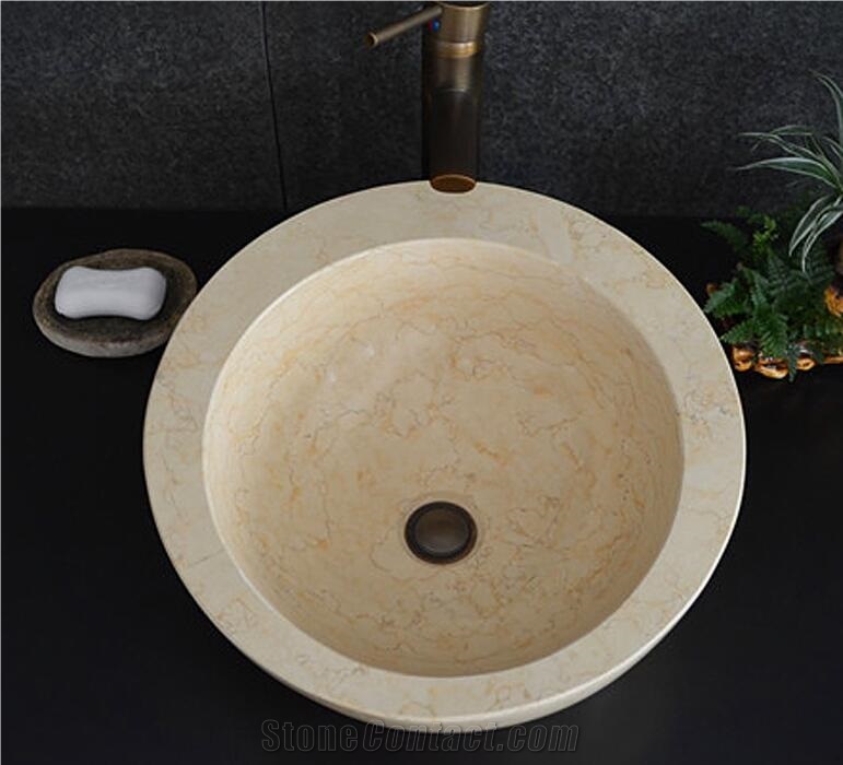 Sunny Yellow Round Marble Sink,Natural Stone Basin, Kitchen Sinks, Bathroom Sinks, Wash Bowls,China Hand Made Bathroom Washing Basin,Counter Top and Vanity Top Sink, Own Factory with Ce