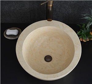 Sunny Yellow Round Marble Sink,Natural Stone Basin, Kitchen Sinks, Bathroom Sinks, Wash Bowls,China Hand Made Bathroom Washing Basin,Counter Top and Vanity Top Sink, Own Factory with Ce