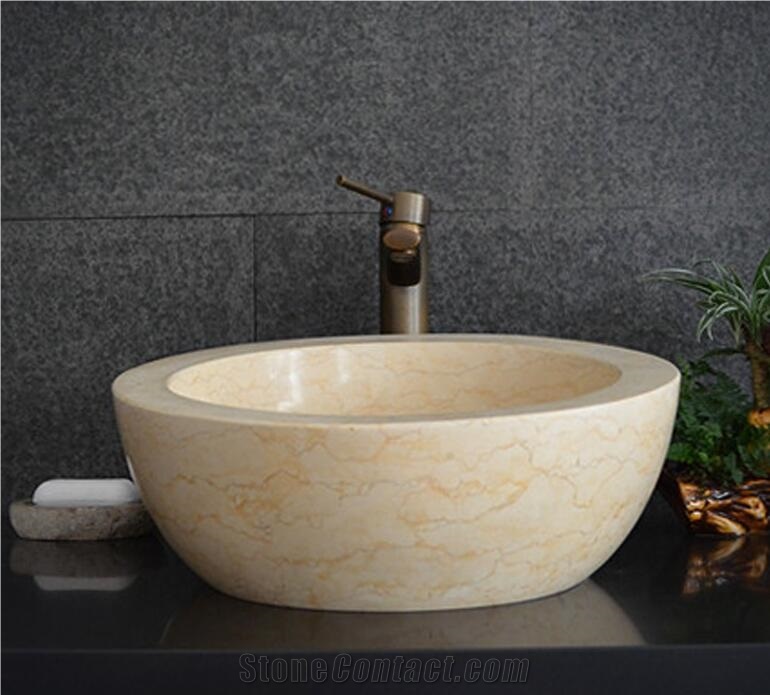 Sunny Yellow Round Marble Sink,Natural Stone Basin, Kitchen Sinks, Bathroom Sinks, Wash Bowls,China Hand Made Bathroom Washing Basin,Counter Top and Vanity Top Sink, Own Factory with Ce