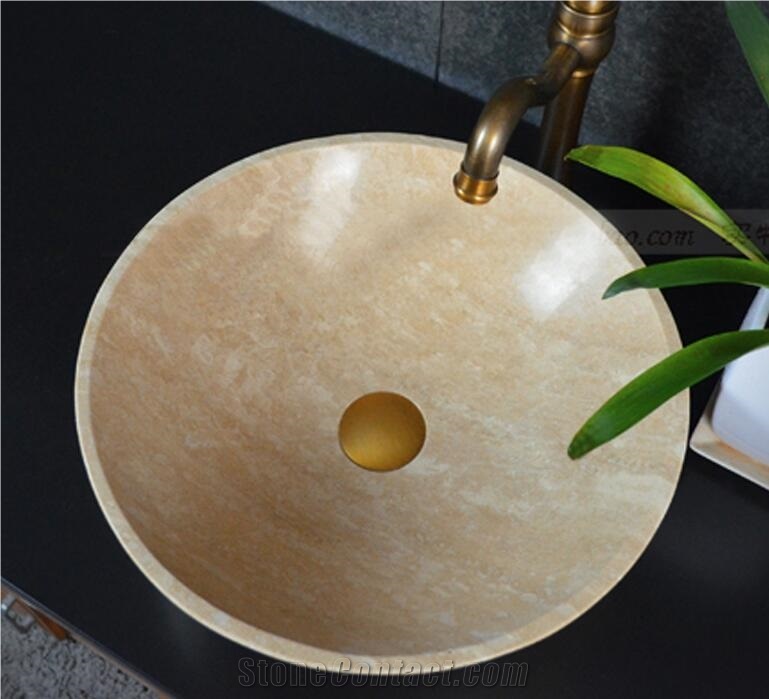 Yellow Marble Natural Stone Round Basin,Natural Stone Basin, Kitchen Sinks, Bathroom Sinks, Wash Bowls,China Hand Made Bathroom Washing Basin,Counter Top and Vanity Top Sink, Own Factory with Ce
