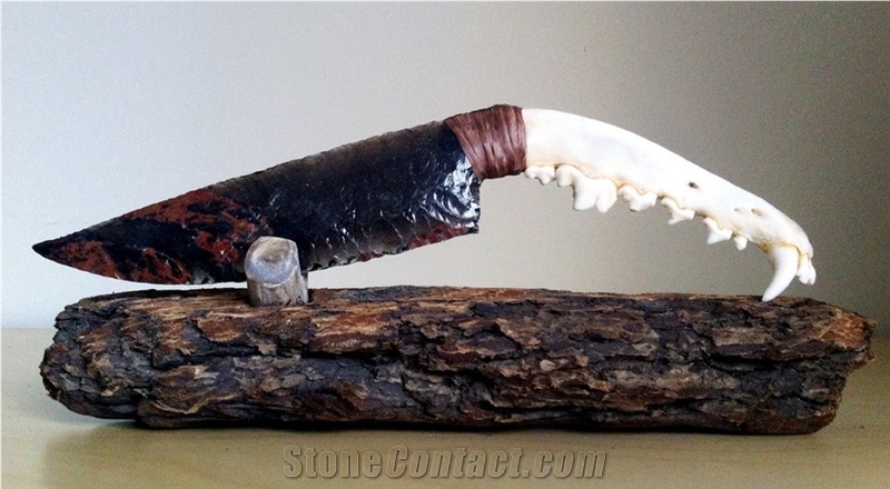 Tri-Color Transparent Obsidian with Coyote Jaw Handle, Tiger Obsidian with Deer Antler Handle