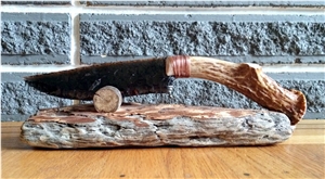 Tri-Color Transparent Obsidian with Coyote Jaw Handle, Tiger Obsidian with Deer Antler Handle