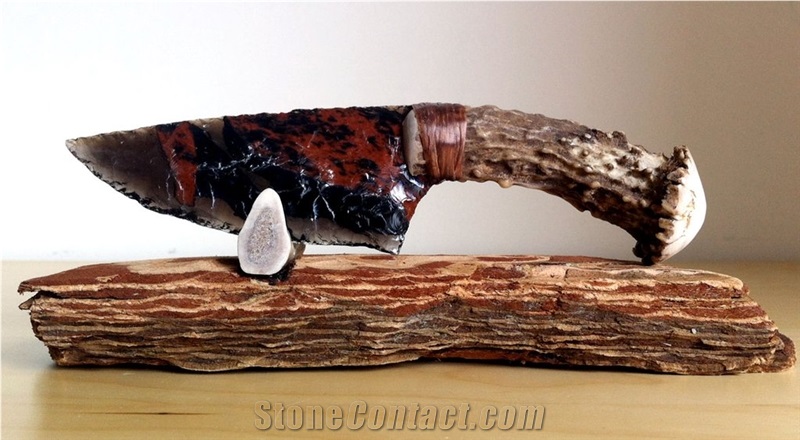 Tri-Color Transparent Obsidian with Coyote Jaw Handle, Tiger Obsidian with Deer Antler Handle