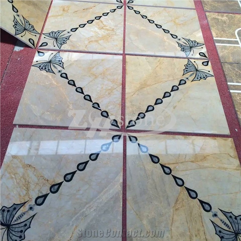 Crema Marfil Emperador Square Waterjet Medallions Butterfly Design