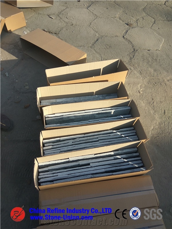 Light Grey Granite Culture Stone Veneer, Flat Stacked Panels, Chinese Black Culture Stone Tiles for Wall Paving