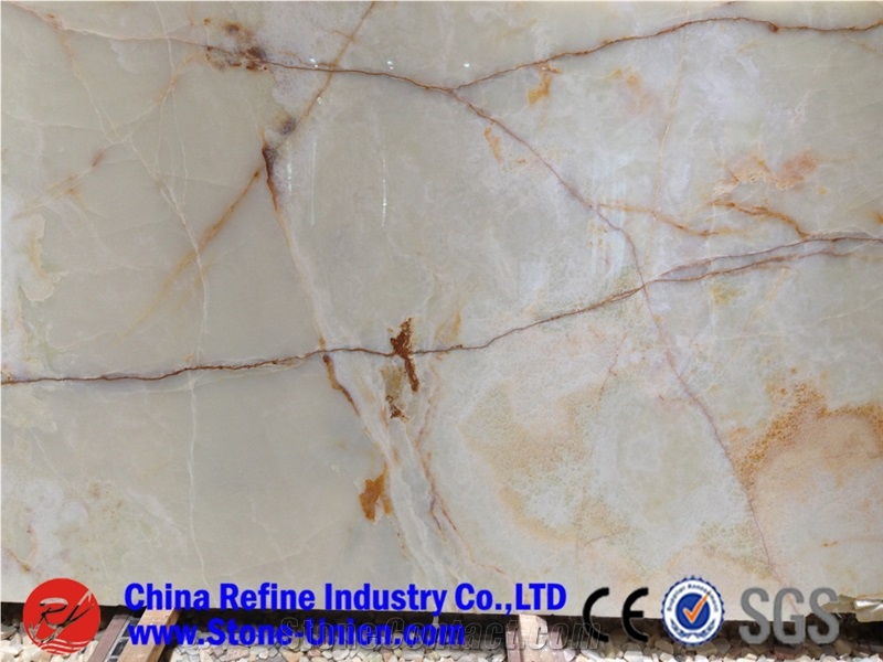 Natural Translucent Onyx Golden Veins Onyx Tile & Slab, Pure White Onyx Floor Tile Wall Covering