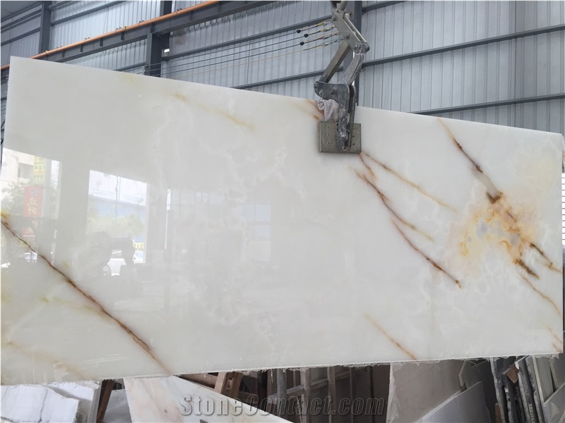 Natural Translucent Onyx Golden Veins Onyx Tile & Slab, Pure White Onyx Floor Tile Wall Covering