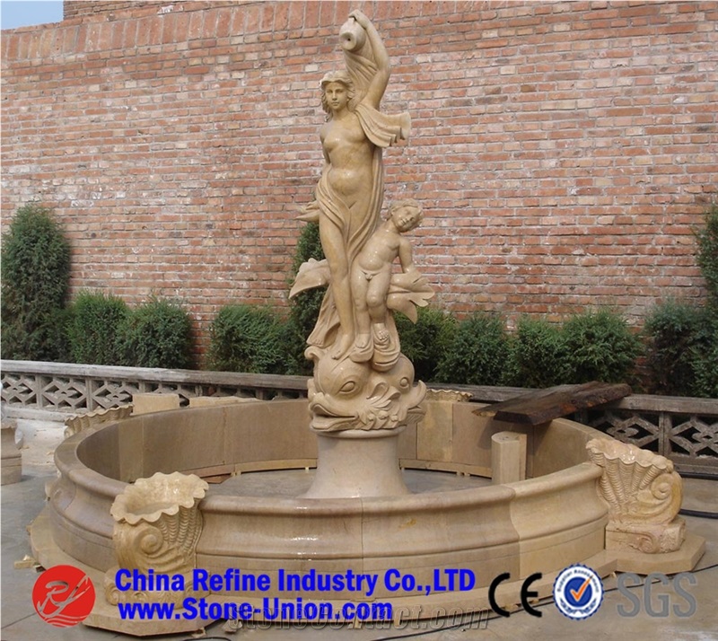 Western Style Yellow Marble Hand Carved Human Design Fountain,Yellow Marble Sculptured Fountain