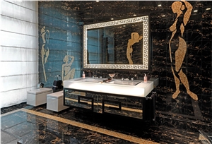 Nero Portoro Marble and Inlay Mosaic Bathroom Design