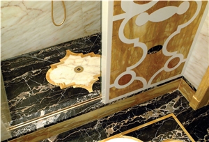 Nero Portoro Marble and Inlay Mosaic Bathroom Design