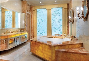 Translucent Onyx Panels, Mosaic Borders Bathroom Design Translucent Onyx Panels, Mosaic Borders Bathroom Design