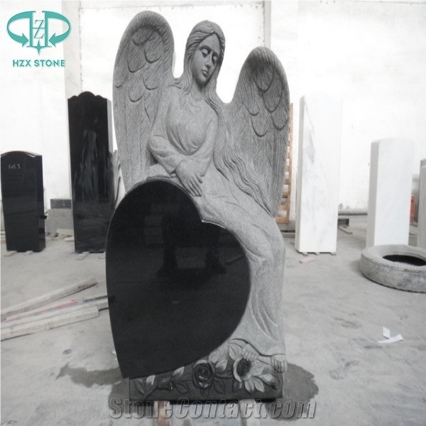 Visible Surfaces Polished Shanxi Black Western Style Monuments/Tombstone/Memorials/Gravestone/Angel with Heart/Absolute Black Headstone/Statue/Carving