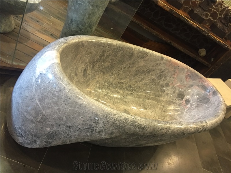 Imported Grey Marble Round Bathtub Marble Tundra Blue Bathtubs for Home