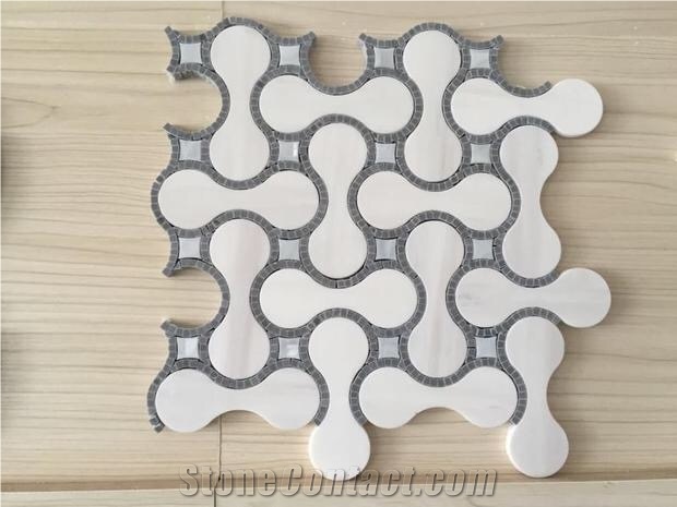 Garden & Balcony Marble and Glass Mosaic, Kitchen Marble and Glass Mosaic Polished Waterjet Mosaic Pattern Mosaic Tiles, White Marble Mosaic