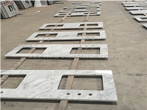 Italy Carrara White Marble Bath Vanity Countertops with Pre-Attached White Double Sinks