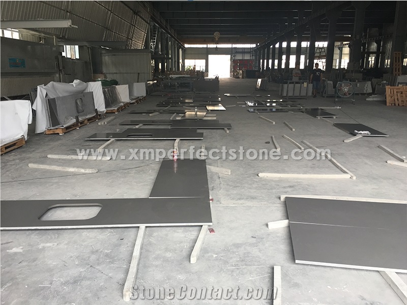 Manufacturer Pure Grey Quartz Stone Kitchen Islands Work Tops Solid Surface,Gray Engineered Stone Bench Tops Customized Edges Top Quality with Certificate