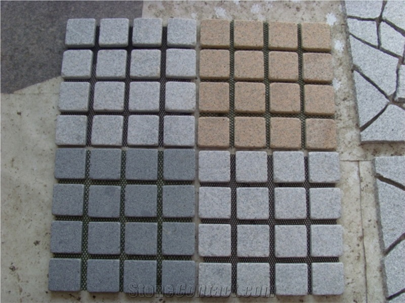 Multicolor Granite Paver with Back Mesh/Light and Dark Gray Granite Cube/Cobble Stone Granite