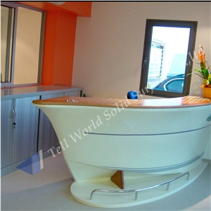 2017 Fancy Boat Shape Design Acrylic Solid Surface Reception Counter Bar Furniture