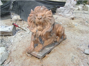 Outdoor China Sunset Red Marble Stone Lion Animal Sculptures