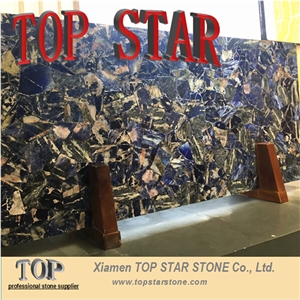 Backlit Luxurious Blue Veins Natural Gemstone Slab Blue Sodalite Quartz Stone