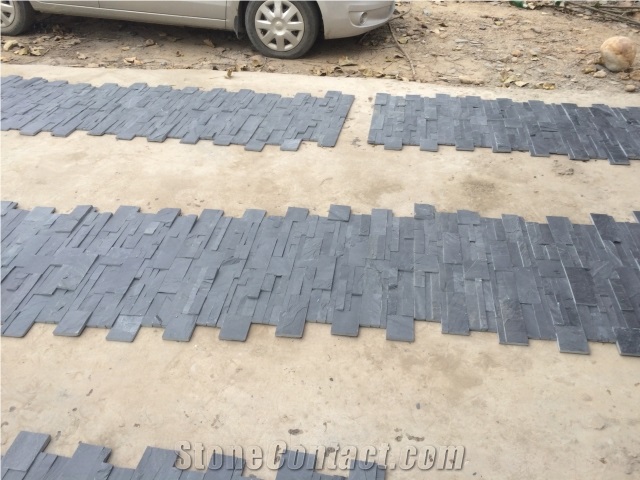 Bonstone China Natural Black Slate Stone Split Face Culture Stone,Black Quartzite Cultured Stone for Wall Cladding, Stacked Stone Veneer/Thin Stone Veneer/Ledge Stone , S Shapes , Z Shapes