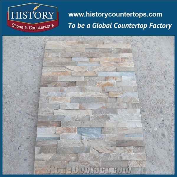 2017 China Supplier Direct Sales Regular Surface Waterproof and Fireproof Exposed Wall Covering Beige Wood Color Strip Slate Culture Stone