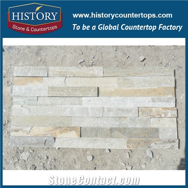 2017 China Supplier Direct Sales Regular Surface Waterproof and Fireproof Exposed Wall Covering Beige Wood Color Strip Slate Culture Stone