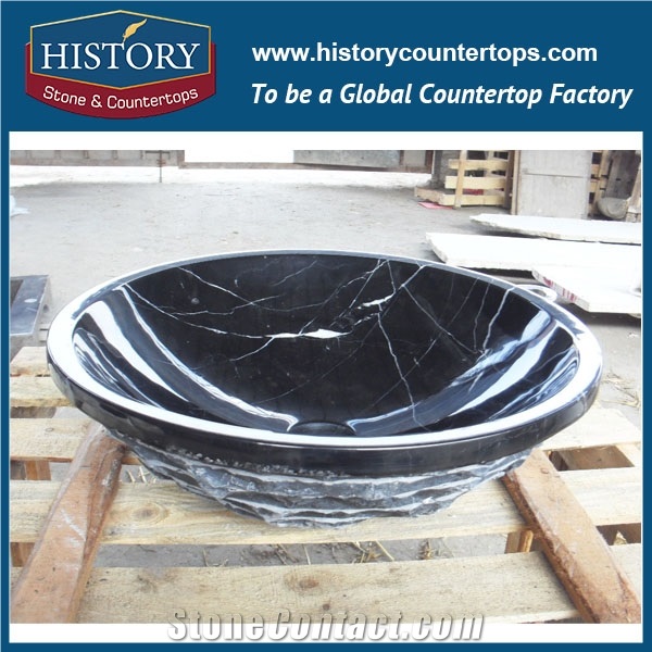 2017 Chinese Factory Direct Sale Beautiful Nero Marquina Black Marble Round Wash Basin Sinks with Top Design, Best Quality &Service