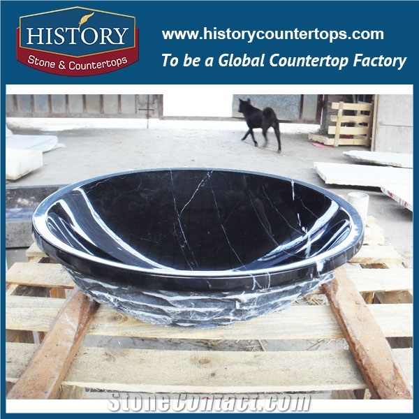 2017 Chinese Factory Direct Sale Beautiful Nero Marquina Black Marble Round Wash Basin Sinks with Top Design, Best Quality &Service