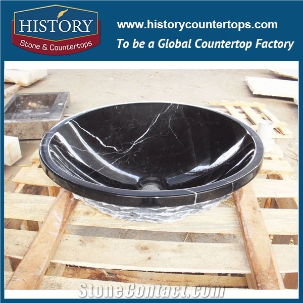 2017 Chinese Factory Direct Sale Beautiful Nero Marquina Black Marble Round Wash Basin Sinks with Top Design, Best Quality &Service