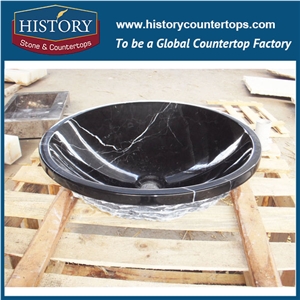 2017 Chinese Factory Direct Sale Beautiful Nero Marquina Black Marble Round Wash Basin Sinks with Top Design, Best Quality &Service