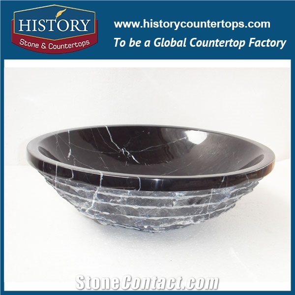 2017 Chinese Factory Direct Sale Beautiful Nero Marquina Black Marble Round Wash Basin Sinks with Top Design, Best Quality &Service
