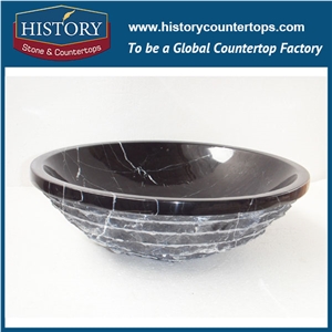 2017 Chinese Factory Direct Sale Beautiful Nero Marquina Black Marble Round Wash Basin Sinks with Top Design, Best Quality &Service