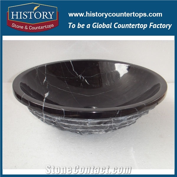 2017 Chinese Factory Direct Sale Beautiful Nero Marquina Black Marble Round Wash Basin Sinks with Top Design, Best Quality &Service