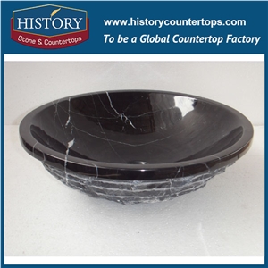 2017 Chinese Factory Direct Sale Beautiful Nero Marquina Black Marble Round Wash Basin Sinks with Top Design, Best Quality &Service