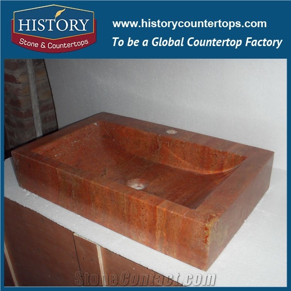 2017 Popular Elegant Hotel Design Bali Stone Sinks, China Authoritative Suppier Rectangle Non Toxic Seamless Smooth Red Travertine Handwashing Bowls