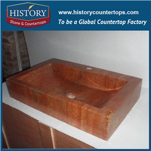 2017 Popular Elegant Hotel Design Bali Stone Sinks, China Authoritative Suppier Rectangle Non Toxic Seamless Smooth Red Travertine Handwashing Bowls