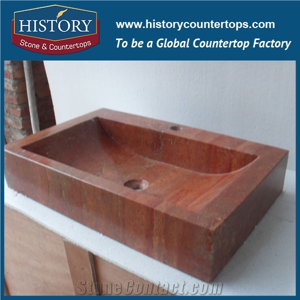 2017 Popular Elegant Hotel Design Bali Stone Sinks, China Authoritative Suppier Rectangle Non Toxic Seamless Smooth Red Travertine Handwashing Bowls